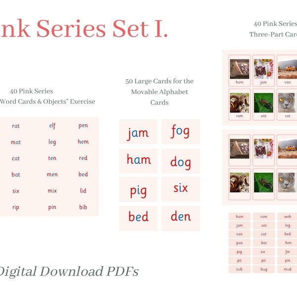 Montessori INTRO to the Pink Series: Three-Part Picture and Word Cards, Large Cards for the Movable Alphabet