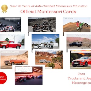 May include: A collection of Montessori cards featuring images of cars, trucks, jeeps, and motorcycles. The cards include a red pickup truck, a classic red convertible, and race cars. The text reads "Over 70 Years of AMI-Certified Montessori Education".