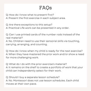 May include: A white sheet of paper with black text outlining frequently asked questions about Montessori education. The text includes questions and answers about presenting materials, using sensorial skills, and lesson schedules.