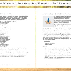 May include: A page from a book titled "Curriculum for Toddlers by My Montessori Home Publications" with a section on toddler infilare exercises using cubes on a vertical dowel. The page includes a diagram of the exercise and a list of materials needed, including cubes, a vertical dowel, and a mat for floor work.
