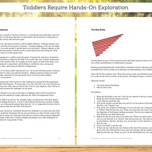 May include: A page from a Montessori curriculum book with the title "Toddlers Require Hands-On Exploration". The page describes the "Points of Interest" and "The Red Rods" activities. The Red Rods activity includes a visual representation of the rods in order from shortest to longest.