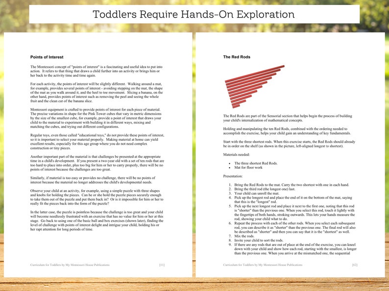 May include: A page from a Montessori curriculum book with the title "Toddlers Require Hands-On Exploration". The page describes the "Points of Interest" and "The Red Rods" activities. The Red Rods activity includes a visual representation of the rods in order from shortest to longest.