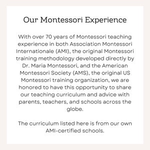 May include: Text describing the Montessori method of teaching, with over 70 years of experience. The text mentions the Association Montessori Internationale (AMI) and the American Montessori Society (AMS).