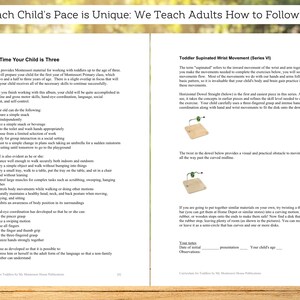 May include: A page from a Montessori curriculum book for toddlers, featuring a section titled "By the Time Your Child is Three" and a section titled "Toddler Supinated Wrist Movement (Series VI)". The page includes a list of skills a three-year-old should be able to do, and a diagram of a wooden dowel with a disk on it.