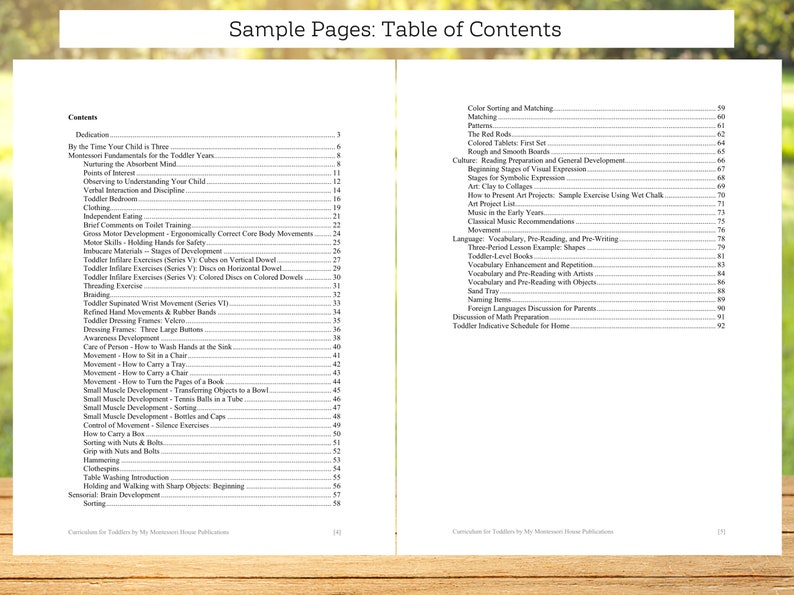 May include: A table of contents for a book titled "Curriculum for Toddlers" by My Movement Sense Publications. The book covers topics such as Montessori fundamentals, nurturing the absorbent mind, independent eating, toilet training, gross motor development, language, vocabulary, pre-reading, and pre-writing.