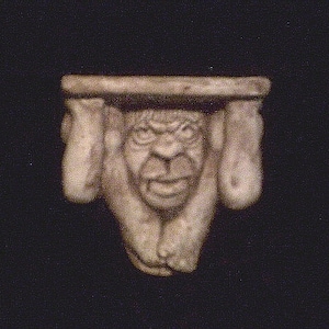 May include: A white ceramic gargoyle sculpture with a wide-eyed expression and a slightly open mouth. The gargoyle is holding a flat, rectangular surface above its head.
