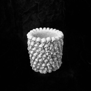 May include: White ceramic planter shaped like a cylinder, decorated with a pattern of small skulls.