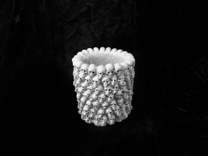 May include: White ceramic planter shaped like a cylinder, decorated with a pattern of small skulls.
