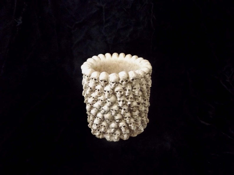 May include: A white ceramic planter shaped like a cylinder, decorated with a pattern of small skulls.