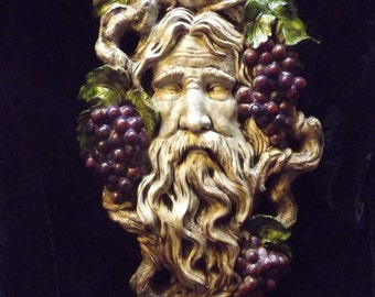 Bacchus Greenman Wall Hanging Gothic Grape Sculpture Pagan Celtic Large Brown Green Purple Renaissance Myth Winery Vineyard Patio Decor