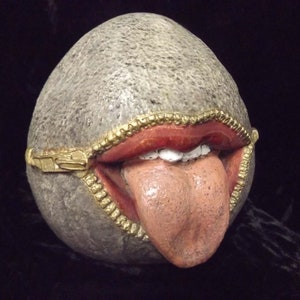 Garden Decor Zippered Tongue Rock Statue Unusual Odd Weird Strange Funny Whimsical Patio Garden Art Gothic Fantasy Home