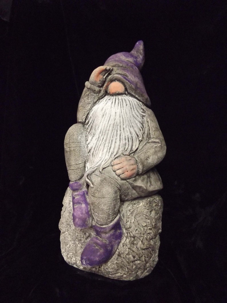 Garden Gnome Statue Fantasy Elf Sitting Man Woodland Yard Art Flower Garden Patio Funny Whimsical Concrete Wacky Indoor Outdoor Home Decor Purple