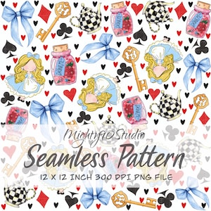 Puede incluir: Patrón sin costuras con ilustraciones de Alicia en el país de las maravillas. Incluye a Alicia, teteras, llaves, lazos y botellas de poción "Drink Me". El diseño incorpora corazones, picas, tréboles y diamantes. El texto "Seamless Pattern" está presente.