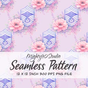May include: Seamless pattern featuring a repeating design of light purple military insignia, pink peonies, and lavender sprigs on a light purple background. The text "Mighty90 Studio Seamless Pattern" is displayed at the bottom. The file size is 12 x 12 inches.