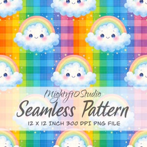 Sömlöst mönster med regnbågsmoln och ginghammotiv | Kawaii PNG (digital nedladdning)