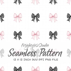 以下が含まれることがあります： 黒とピンクのリボンが繰り返されるシームレスパターン。黒いリボンは白いハートで装飾されています。ピンクのリボンは単色です。「Mighty90 Studio」と「Seamless Pattern」の文字も表示されています。