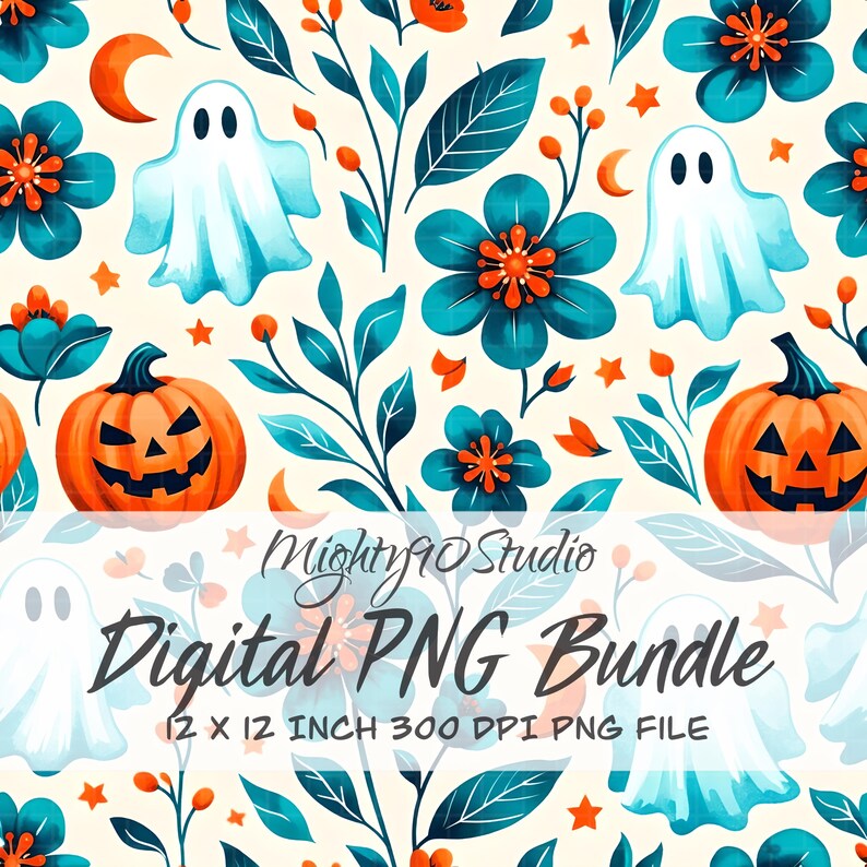 Digital PNG Bundle Dark Floral Ghosts Pumpkins Illustrations 3600x3600 300 DPI Clipart Set