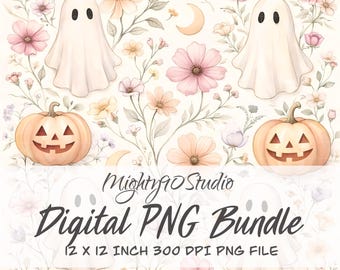 Pacchetto di clipart PNG con fantasmi floreali: zucche acquerellate, lune (download digitale)