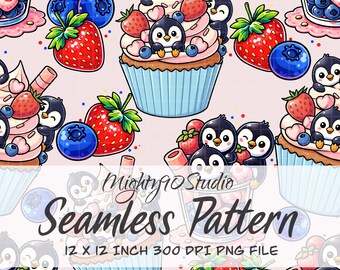 Penguin Cupcake Seamless Pattern: Pink Dessert PNG (12x12, 300 DPI)