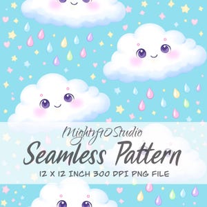 Pastel Kawaii Cloud Seamless Frame PNG | Cute Rainbow Raindrop Pattern Bundle
