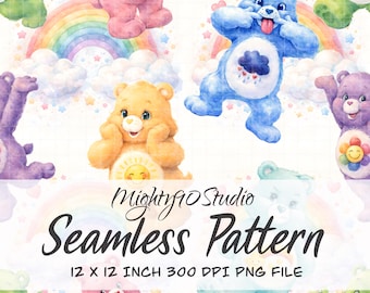 Pastel Rainbow Teddy Bear Watercolor Seamless Pattern (Digital Paper)