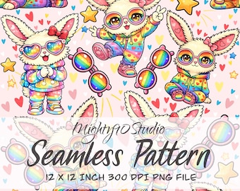Seamless Pattern PNG Rainbow Bunny Hearts Stars Sunglasses 12x12 300 DPI Digital Paper