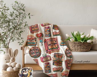 Bookish Sticker Pattern Velveteen Plush Blanket | Reading Quotes, Bookstore Icons