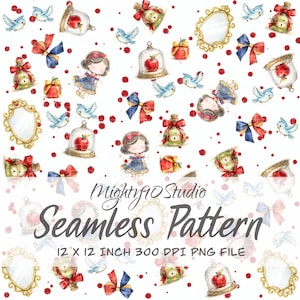 Könnte beinhalten: Ein nahtloses Muster mit Illustrationen von Schneewittchen, Äpfeln in Glaskuppeln, Schleifen, Spiegeln und Vögeln auf weißem Hintergrund. Das Design enthält rote, blaue und goldene Akzente. Der Text "Seamless Pattern" und "12 x 12 inch 300 DPI PNG File".