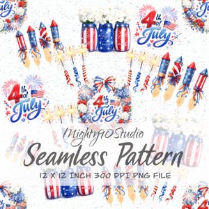 May include: A seamless pattern design featuring patriotic elements for the 4th of July. The design includes illustrations of fireworks, mason jars, and floral arrangements in red, white, and blue. The text "4th of July" is also present.