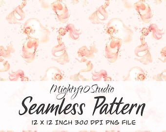 Pink Watercolor Mermaid Seamless Pattern (Digital Download)