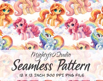 Pastel Rainbow Pony Watercolor Seamless Pattern (Digital Download)