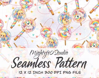 Seamless Pattern PNG Retro Rainbow Toys Bright Cartoon Icons 12x12 300 DPI 80s kids