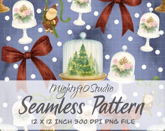 Blue Watercolor Cloche Pattern PNG | Transparent Background Seamless Design + Free Bonus PNG