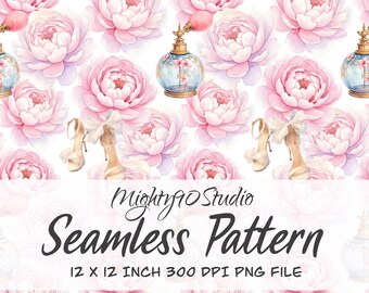 Pink Peony Floral Perfume Bow Key Seamless Pattern (Digital Download)