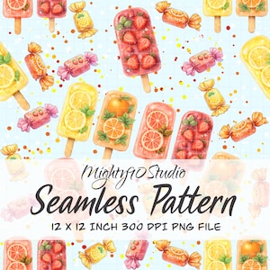 May include: A seamless pattern with watercolour illustrations of fruit ice lollies and wrapped sweets on a light blue backdrop. The ice lollies feature strawberries, oranges, and lemons. The text "Seamless Pattern" is displayed.