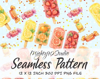 Seamless Pattern PNG Light Blue Fruit Popsicles Candy 12x12 3600x3600 300 DPI Transparent Background