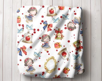 Red Apple Mirror Pattern Velveteen Plush Blanket | Navy Bows, Bluebirds, Poison Bottle, Storybook Motifs