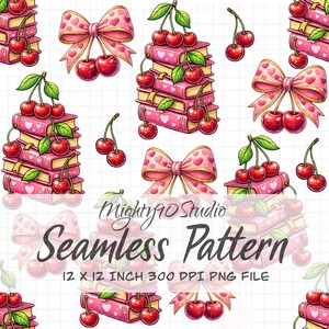 Sömlöst mönster med körsbärsbokstackor, rosa kokett digitalt papper (12x12 PNG, 300 DPI)