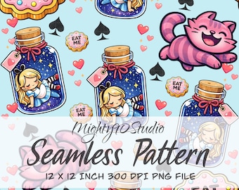 Seamless Pattern PNG Pink Blue Storybook Icons Bottle Cat Cookies 3600x3600 300 DPI