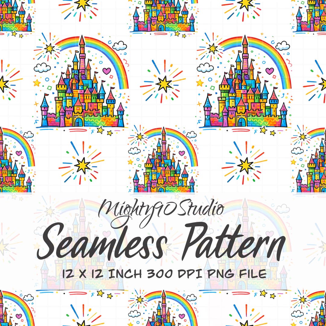 Rainbow Castle Seamless Pattern PNG: Bright Cartoon Fantasy Digital ...