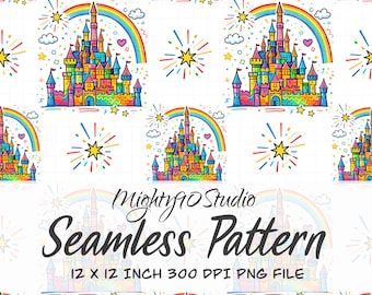 Rainbow Castle Seamless Pattern PNG: Bright Cartoon Fantasy Digital Paper (12x12, 300 DPI)