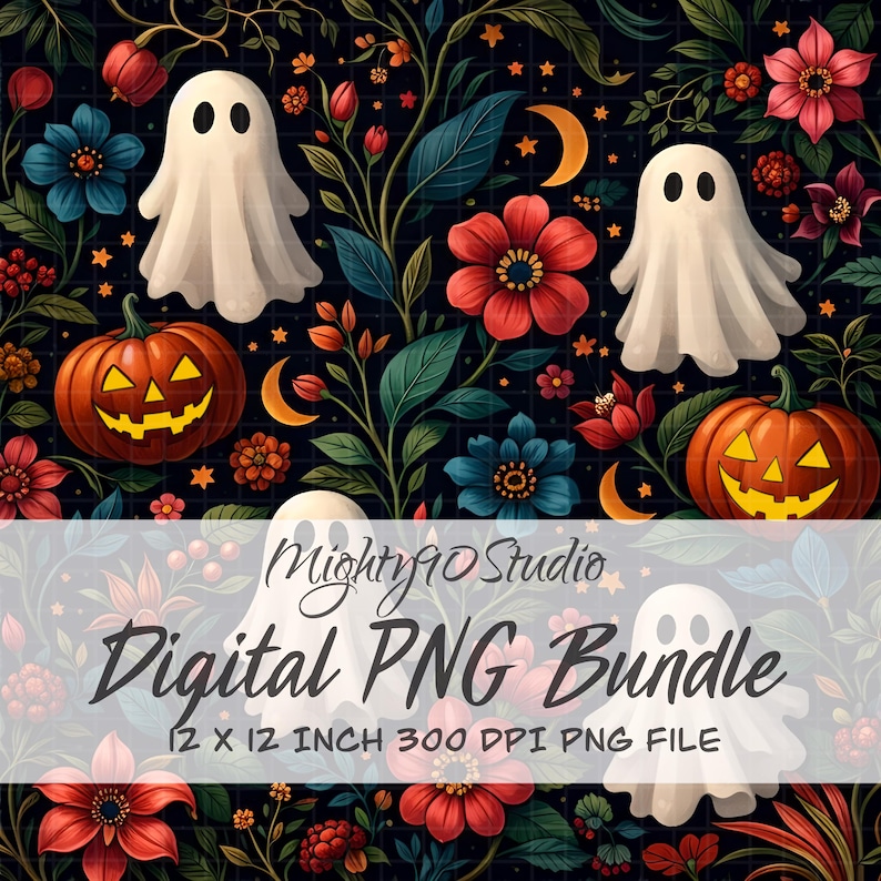 Digital PNG Bundle Dark Floral Ghosts Pumpkins Illustrations 3600x3600 300 DPI Clipart Set