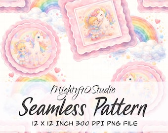 Seamless Pattern PNG Retro Rainbow Toys Bright Cartoon Icons 12x12 300 DPI 80s kids