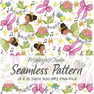 Könnte beinhalten: Nahtloses Muster mit einer Prinzessin in einem grünen Kleid, rosa Schleifen, Noten, Seerosen und Kronen auf weißem Hintergrund. Der Text "Seamless Pattern" und "12 x 12 inch 300 DPI PNG File" sind ebenfalls vorhanden.