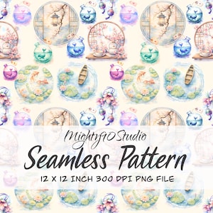 Puede incluir: Patrón sin costuras con ilustraciones en acuarela de elementos de inspiración asiática. El diseño incluye marcos redondos con flores de cerezo, linternas, estanques de carpas koi y botellas decorativas. Se muestra el texto "Seamless Pattern".