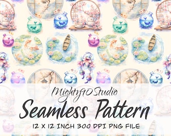 Watercolor Pond Seamless Pattern: Koi, Lotus, Lanterns (PNG Digital Paper)