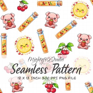 May include: Seamless pattern featuring cartoon pigs holding strawberries, cherries, lemon slices, and test tubes filled with fruit. The design includes the text "Seamless Pattern" and "12 x 12 inch 300 DPI PNG File". The pattern is on a white background.