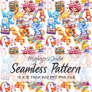 May include: A seamless pattern featuring cartoon characters, unicorns, and retro elements. The design includes Care Bears, Strawberry Shortcake, Rainbow Dash, and boomboxes. The text "Seamless Pattern" and "12 x 12 inch" are also visible.