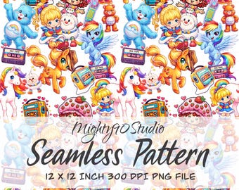 Seamless Pattern PNG Retro Rainbow Toys Bright Cartoon Icons 12x12 300 DPI 80s kids