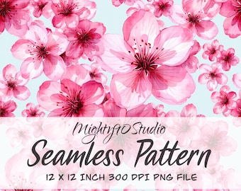 Seamless Pattern PNG Pink Watercolor Cherry Blossom Floral 12x12 3600x3600 300 DPI Transparent Background